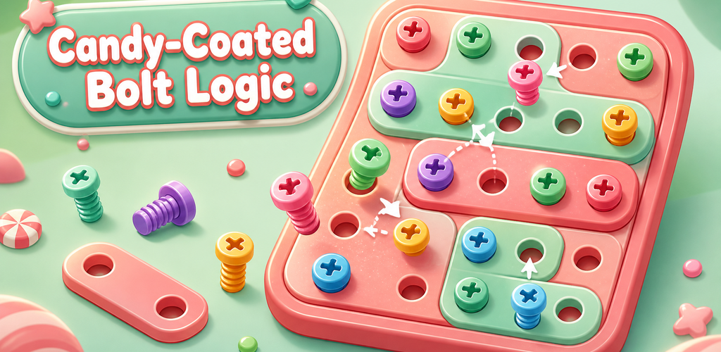 JellyBolt: Screw Puzzle key art with coral pink and mint green puzzle pieces and bolts